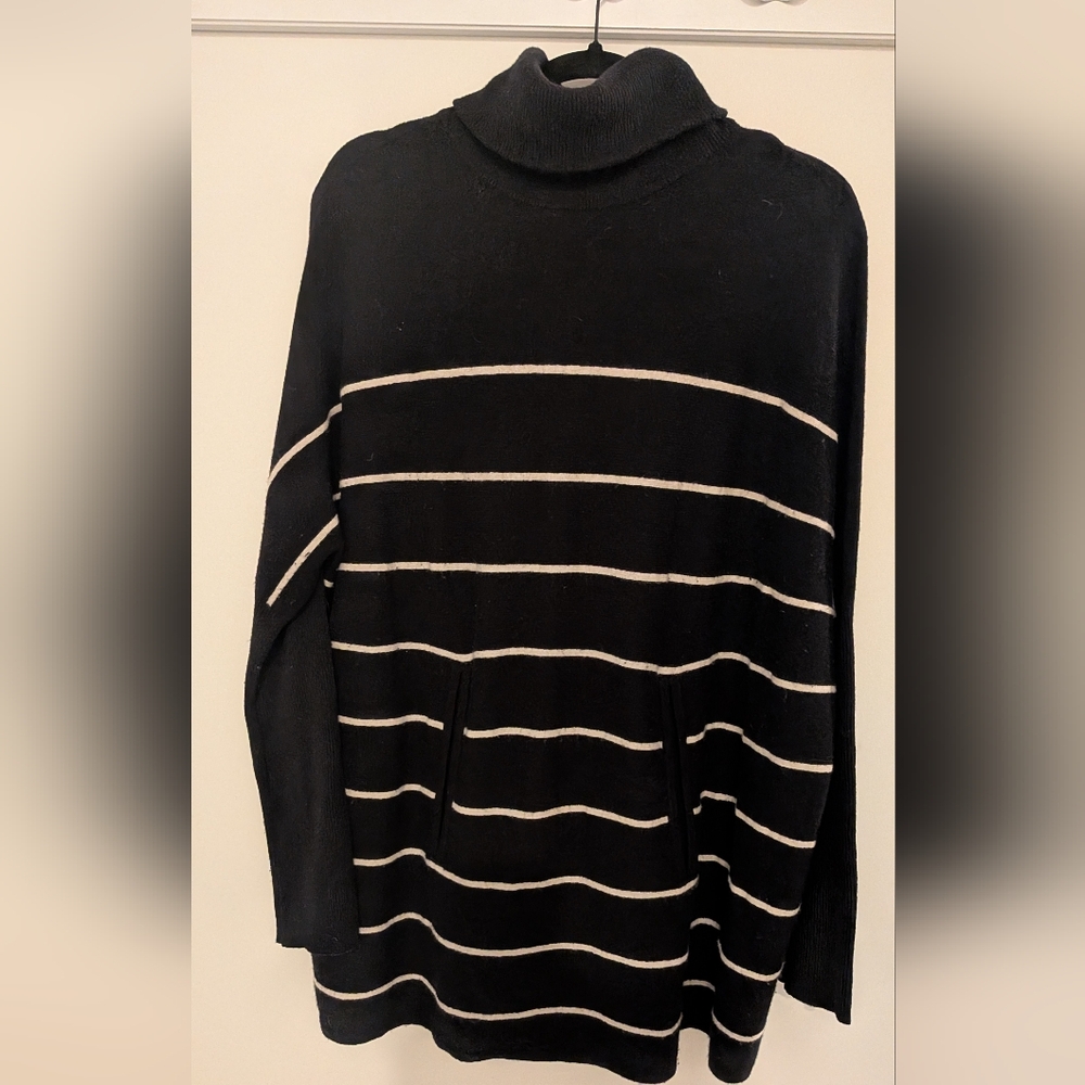 Garnet Hill Best Seller  Women's Turtleneck Sweater in Black and Cream Stripes